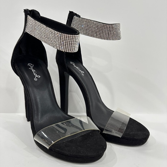 Qupid Black Suede Rhinestone High Heel Sandals - Picture 1 of 11